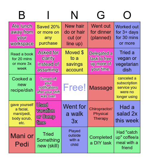 Selfcare Bingo Card