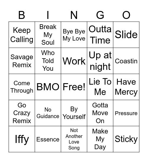 R&B Workout Bingo Mix Up Bingo Card