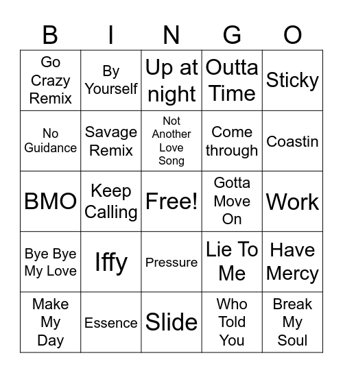 R&B Workout Bing Mix Up Bingo Card