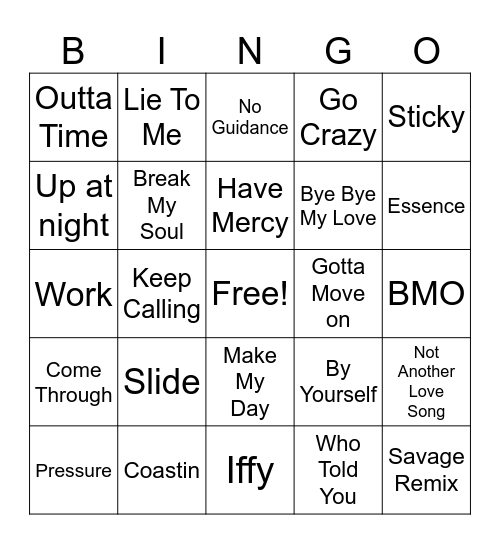 R&B Workout Bingo Mix Up Bingo Card