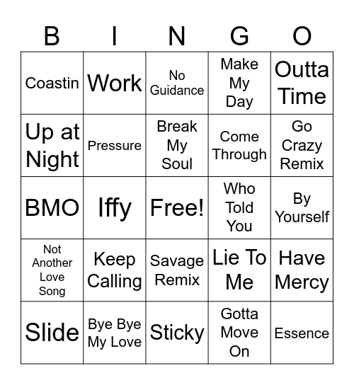 R&B Workout Bing Mix Up Bingo Card