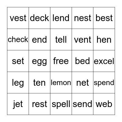 Short e Sounds Bingo Card