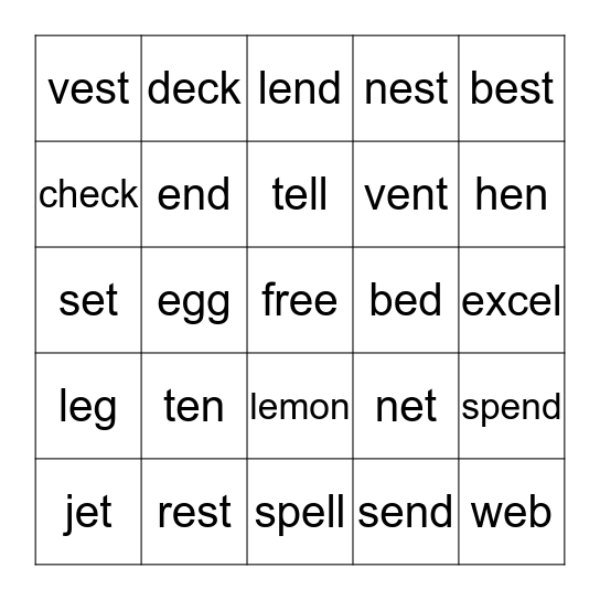 Short e Sounds Bingo Card