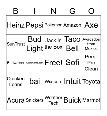 Super Bowl Commercials Bingo Card