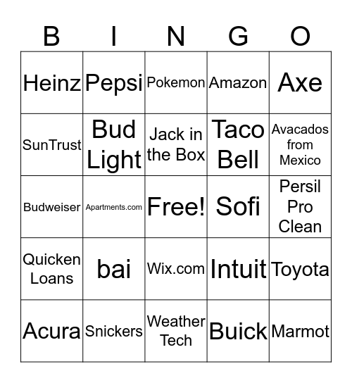 Super Bowl Commercials Bingo Card