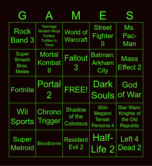 Video Games Bingo Card