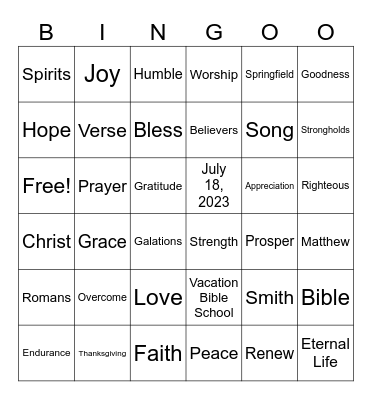 Springfield M.B. Church Vacation Bible School Bingo Card