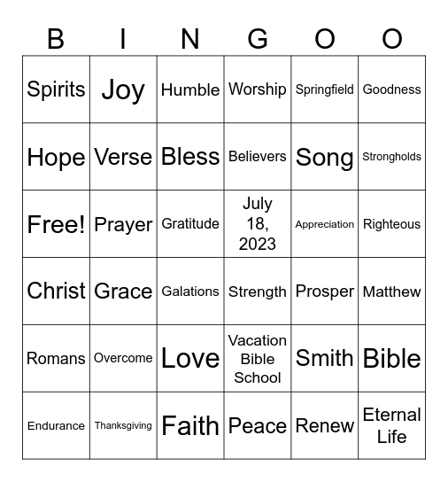 Springfield M.B. Church Vacation Bible School Bingo Card