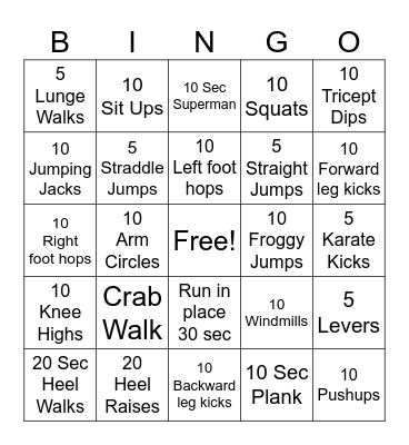 Exercise Bingo Card