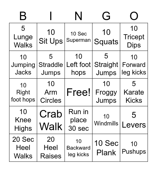 Exercise Bingo Card