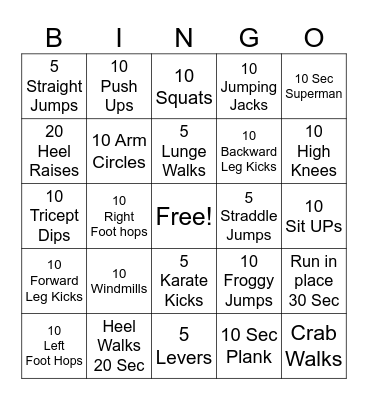 Exercise Bingo Card