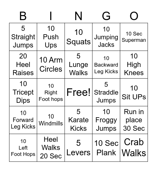 Exercise Bingo Card