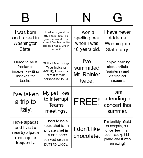 Get to know your coworker! (Virtual) Bingo Card
