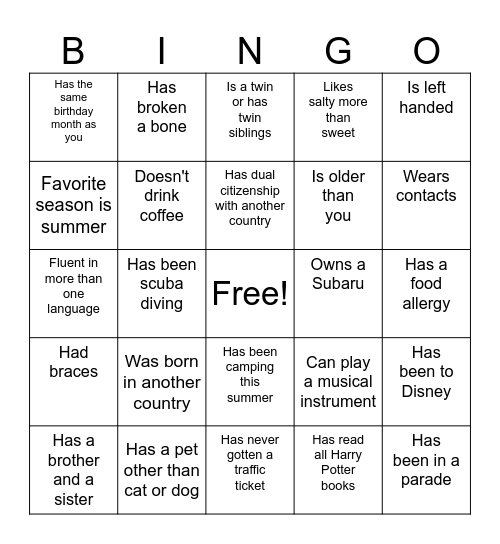 Elmira Get to Know You Bingo Card