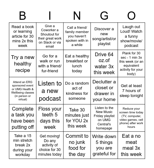 Wellness Bingo - Week 1 Bingo Card