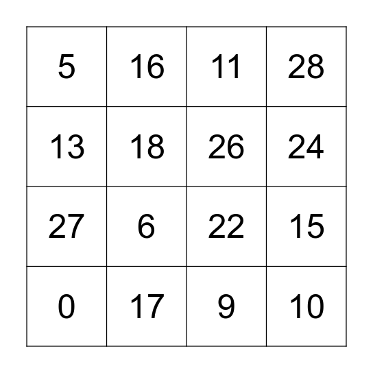 Number Bingo Card