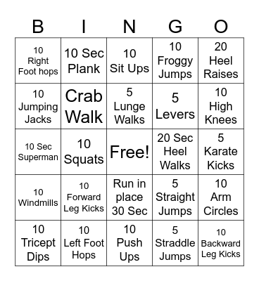 Exercise Bingo Card