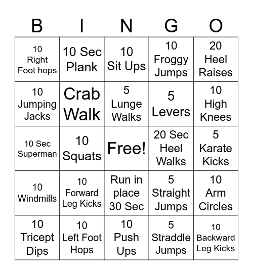 Exercise Bingo Card