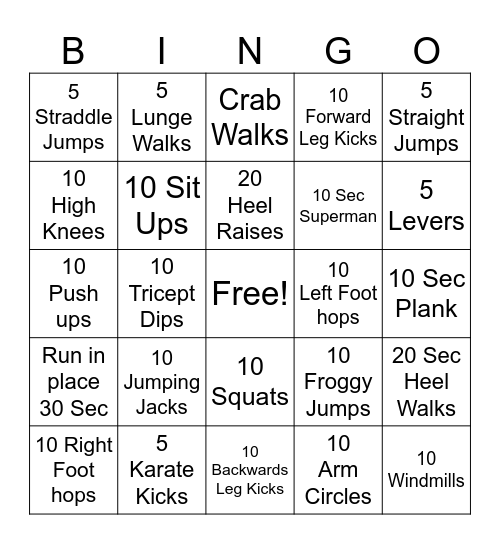 Exercise Bingo Card