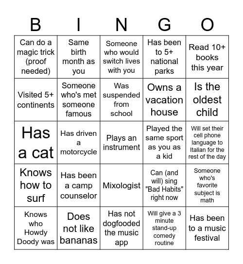 music team bingo Card