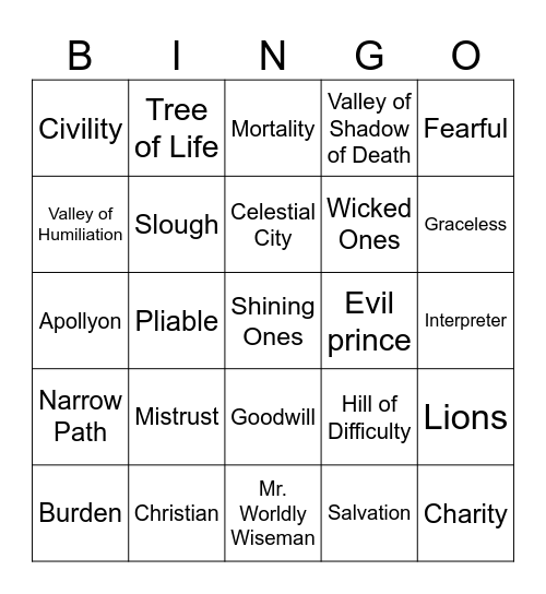 Pilgrims Progress Bingo Card