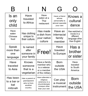 Cultural Bingo Card