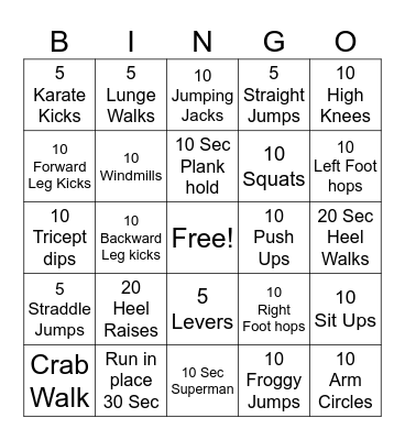 Exercise Bingo Card