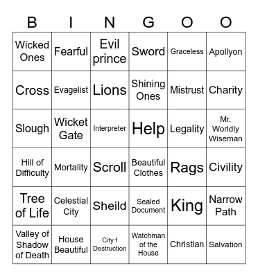 Pilgrims Progress Bingo Card