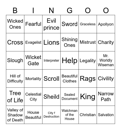 Pilgrims Progress Bingo Card