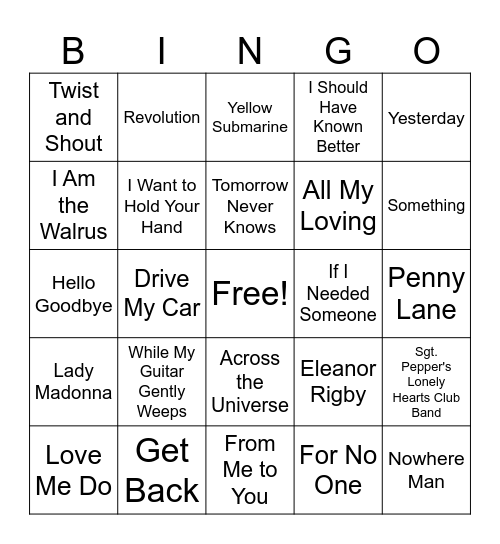 Beatles Song Bingo Card