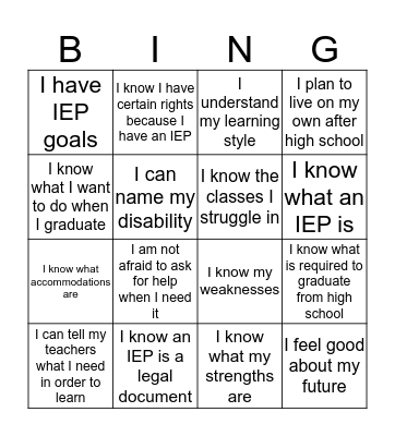 Self Advocacy Skills Bingo Card