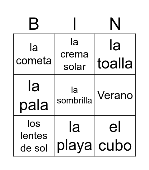 Spanish summer words Bingo Card