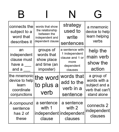 Sentence Writing Strategy Bingo Card