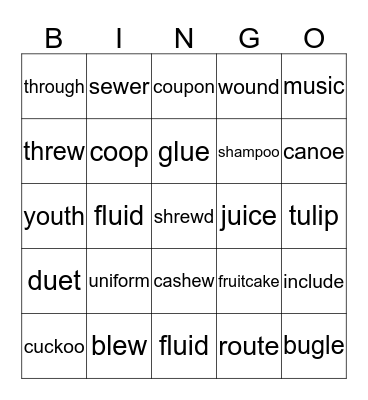 Long u sounds Bingo Card
