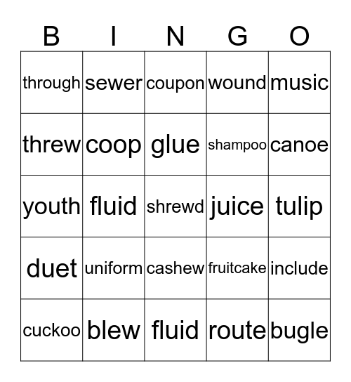 Long u sounds Bingo Card