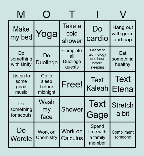 Motivate Me Bingo Card