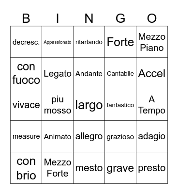 Musical terms Bingo Card