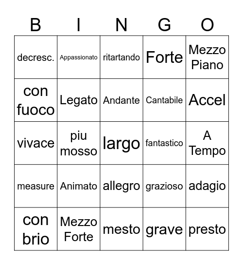 Musical terms Bingo Card