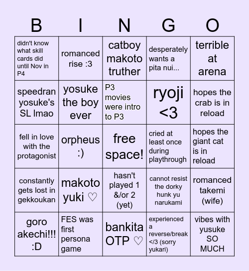 daily makoto's very specific persona bingo :D Bingo Card