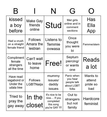 Nigerian lesbian version 🌈 Bingo Card
