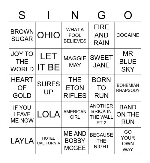 831 GREATEST SONGS OF THE 70’S Bingo Card