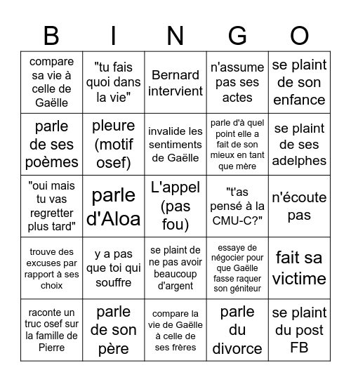 Appel avec la génitrice Bingo Card