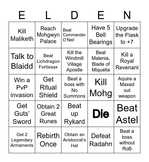 Elden Ring Bingo Card