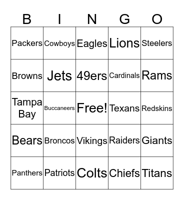 National Football League Bingo Card