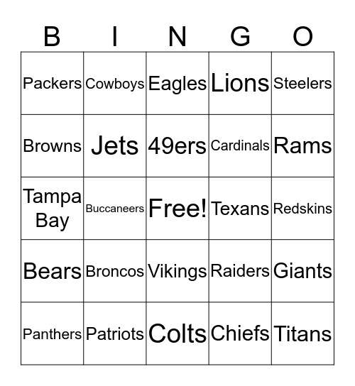 National Football League Bingo Card