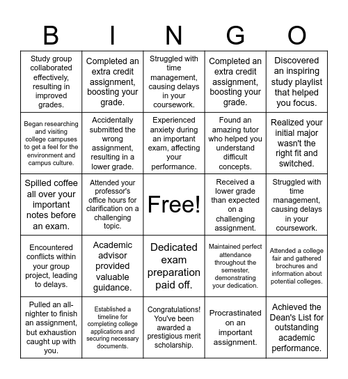 UConn College Journey Bingo Card