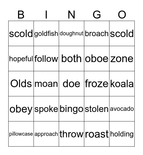 Long o sounds Bingo Card