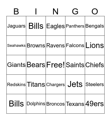 National Football League Bingo Card