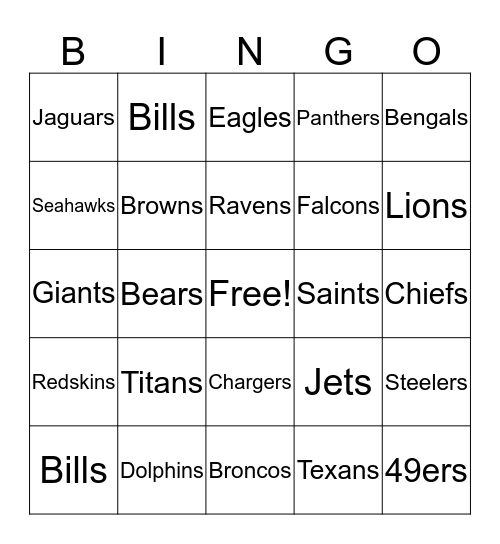 National Football League Bingo Card