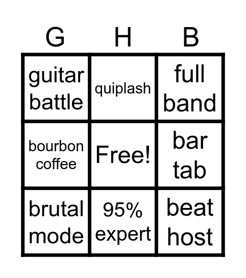 Guitar Hero Bingo Card
